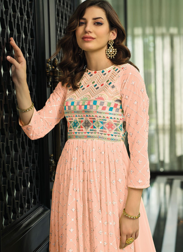Readymade Peach Color Georgette Wedding Gown With Full Sleeve